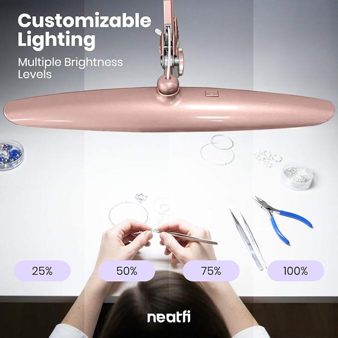 Neatfi XL 2200 Lumens 24W LED Desk Lamp – Shadow-Free Task Lighting | 4-Level Dimming | Home Office & Crafts Use | 20-Inch Wide Head (Rose Gold, Non-CCT with Clamp) - Image 8