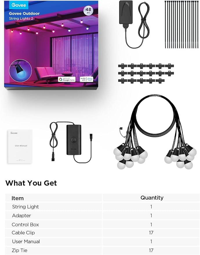 Govee Smart Outdoor String Lights 2, 48ft RGBIC Patio Lights with 15 Bulbs | Dimmable Warm White LED Bulbs, IP65 Waterproof, 47 Scene Modes for Backyard, Balcony, Work with Alexa, App Control - Image 9