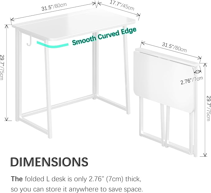 4NM 31.5" Small Folding Desk, Foldable Computer Home Office Desk, Study Writing Table for Small Space Saving Bedroom, Easy Assembly - All White - Image 3