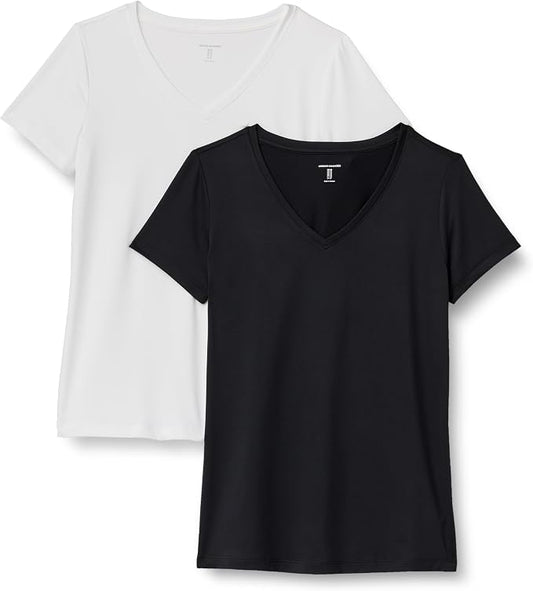 Amazon Essentials Women's Active Quick Dry Tech Stretch Short-Sleeve V-Neck T-Shirt (Available in Plus Size), Pack of 2 by AmazonEssentials