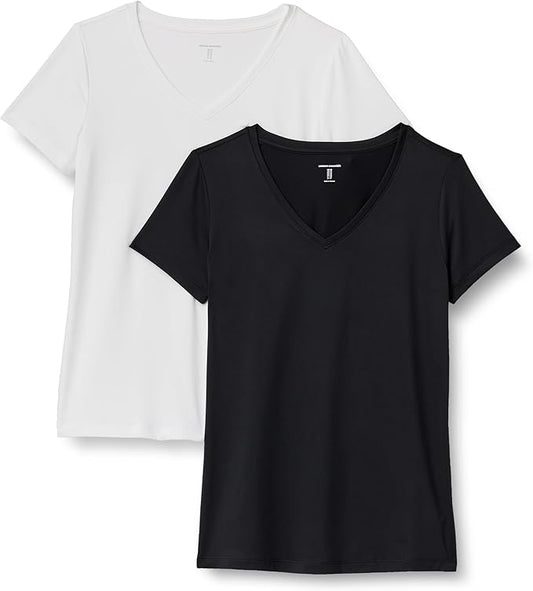 Amazon Essentials Women's Active Quick Dry Tech Stretch Short-Sleeve V-Neck T-Shirt (Available in Plus Size), Pack of 2 by AmazonEssentials