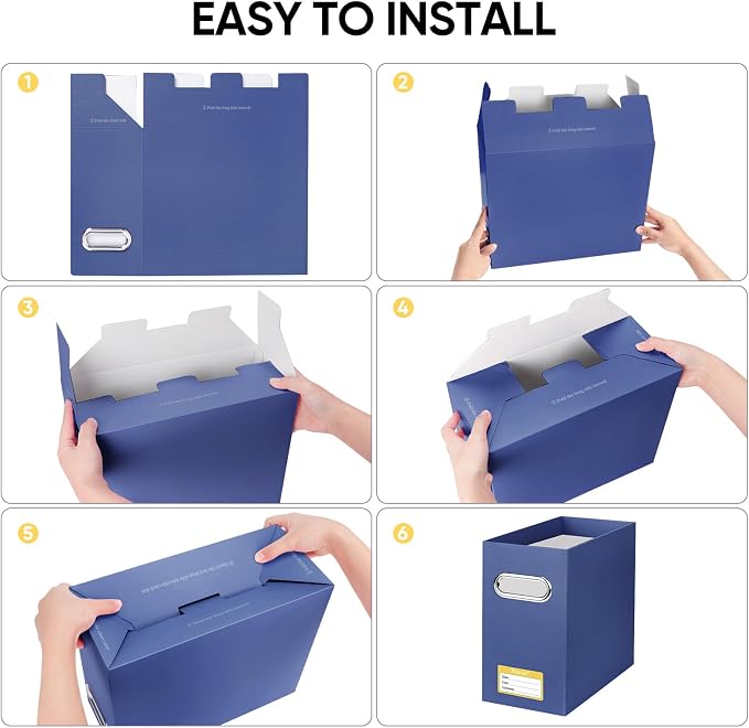 BALEINE File Organizer Box, Cardboard File Folder Organizer with Handle for Letter Size, Portable Collapsible Hanging Filing Box for Home Office Document Storage (4 Pack, Navy) - Image 6