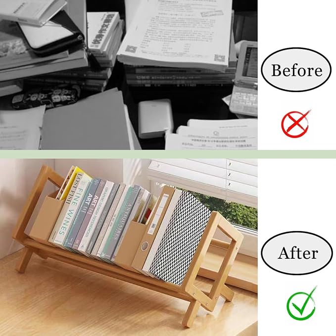 Wood Tilting Bookcase in Living Room/Home/Office, Desktop Book Shelf Organizer Bookshelves Storage Rack for CDs/Magazine/Books Display (Yellow, 16"-L) - Image 7