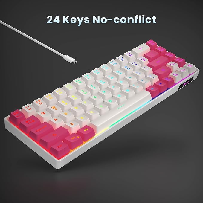 GEODMAER 65% Gaming Keyboard, LED Backlit Mini Wired Keyboard, Ultra-Compact Anti-Ghosting No-Conflict 68 Keys Membrane Gaming Wired Keyboard for PC Laptop Windows Gamer(White-Pink) - Image 5