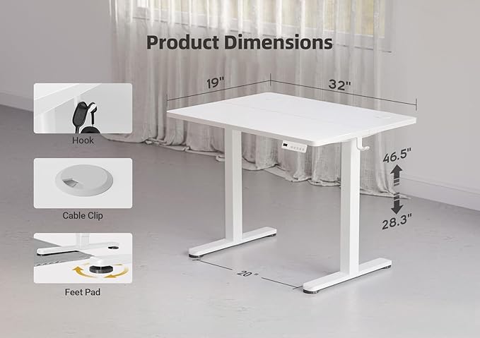 YDN 32 x 19 Inch White Electric Standing Desk | Adjustable Height, Sit Stand, Cable Management, Ergonomic, Home Office - Image 3