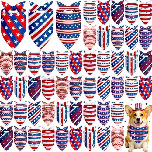 Weewooday 50 Pcs 4th of July Dog Bandanas Bulk for Patriotic 250th Anniversary, Red White Blue Striped Star Triangle Scarf for USA Memorial Small Medium Large(Striped Star, 25.6 x 17.7 x 17.7 Inch) by Weewooday