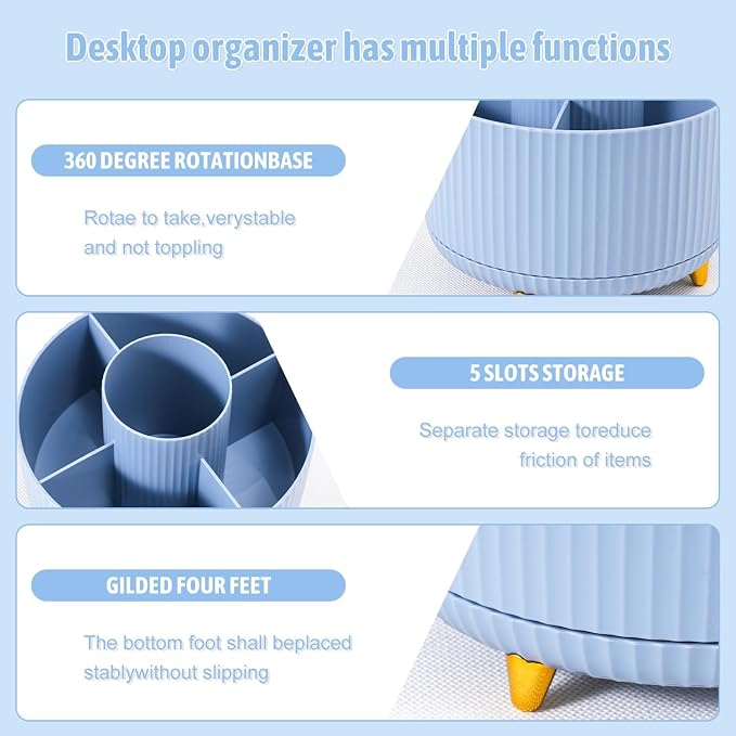 Gawsey Blue Desk Organizers and Accessories with Desk Organizer 360° Rotating Pen Holder and Office Supplies, Cute Stationery Supplies Set - Image 5