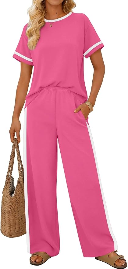 Sampeel 2 Piece Sets for Women Matching Sets Summer Outfits Resort Wear Short Sleeve Lounge Set Wide Leg Pants with Pockets - Image 2