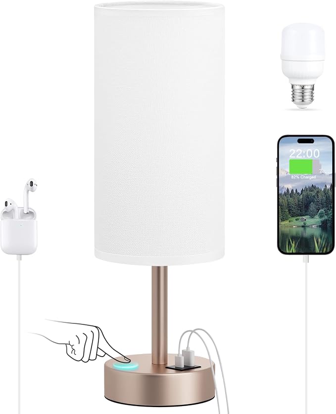 Dicoool Bedside Table Lamp for Bedroom - 3-Way Dimmable Touch Lamp, USB A+C | LED Bulb Included, 14" Small Nightstand Lamp for Desk, Living Room, Dorm, White Fabric Lampshade, Antique White Metal Base by DicooolDirect