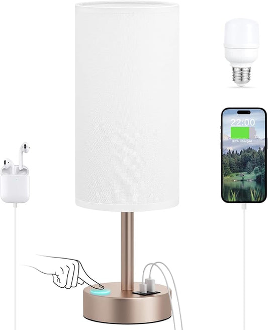 Dicoool Bedside Table Lamp for Bedroom - 3-Way Dimmable Touch Lamp, USB A+C | LED Bulb Included, 14" Small Nightstand Lamp for Desk, Living Room, Dorm, White Fabric Lampshade, Antique White Metal Base by DicooolDirect