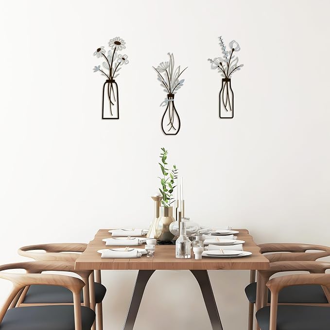 3 Pieces Metal Vase Flowers Wall Arts - Rustic Farmhouse Style Décor Metal Wall Art Black Minimalist Flower Natural Themed Wall Decors for Home Bedroom Dining Room Housewarming (Brown-Blue, Vase-C) - Image 4