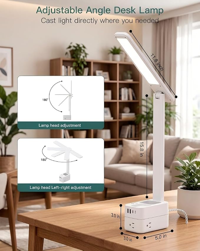 Addtam Desk Lamp with Pen Holder, LED Desk Lamps for Home Office, Power Strip with 3 Outlets 4 USB Charging Ports(2 USBC), 3 Color Modes Touch Lamp, Study Lamps for College Dorm Room Essentials, White - Image 6