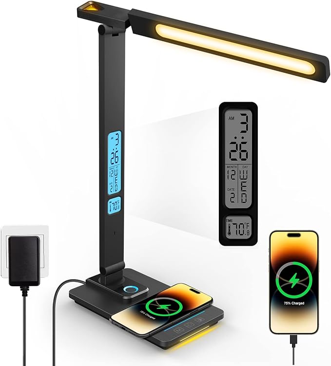 LAOPAO LED Desk Lamp with Wireless Charger: Desk Lamps for Home Office Bedroom, 5 Color Modes & Brightness Dimmable, 2 Night Light by LAOPAOInc-TheUSA