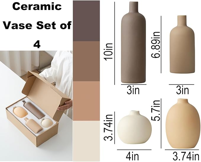 Modern Ceramic Vase Set, Neutral Colors, Decorative Vases for Home Shelf Decor, 4 Piece Collection, Happy Birthday Gifts for Women Mom Her Friend Sister Wife Grandma, Self Care Gift (Coffee Mix set 4) - Image 3