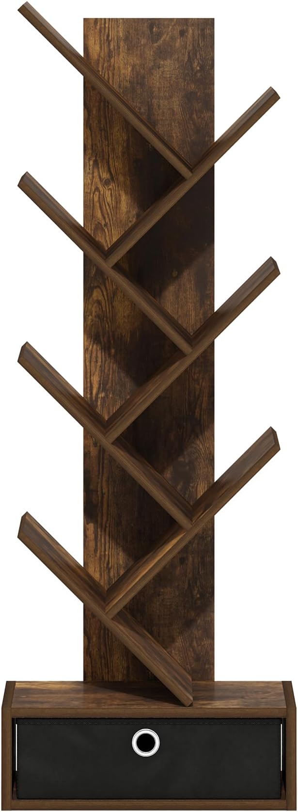 Furinno Tree Book Shelf, 7-Tier Bookshelf, Tree Bookcase with Bin Drawer, 8.4 x 16.9 x 46.2, for Living Room, Bedroom, Home Office, Amber Pine/Black - Image 6