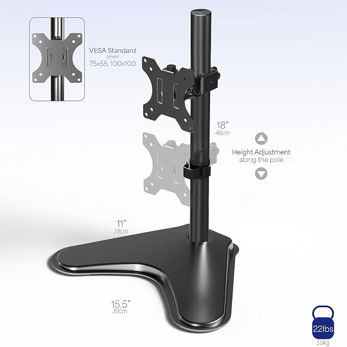 VIVO Single Monitor Desk Stand, Holds Screens up to 32 inch Regular and 38 inch Ultrawide, Freestanding VESA Steel Mount Base, Adjustable Height, Tilt, Swivel, Rotation, Black, STAND-V001H - Image 3