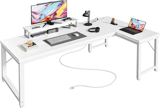 PRAISUN 53" L Shaped Computer Desk, Power Outlets, Monitor Stand, White | USB-C Ports, Reversible Charging Station, Spacious Desktop & Legroom, 0.94 Inch Thick Desktop, for Gaming, Study & Work by PRAISUN
