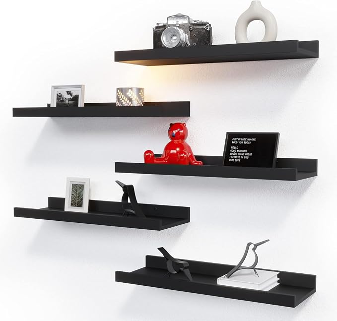 RICHER HOUSE 5 Set Floating Wall Mounted Shelves, Black Shelves for Wall Decor, Modern Picture Ledge Shelf with Lip for Storage, Nursery, Bedroom, Living Room, Bathroom - Black | Display Picture Ledge Shelf, Anti-drop lip Shelf for Room Wall Decor, Bed... by RicherHouse