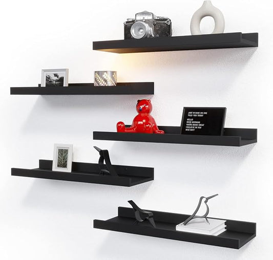 RICHER HOUSE 5 Set Floating Wall Mounted Shelves, Black Shelves for Wall Decor, Modern Picture Ledge Shelf with Lip for Storage, Nursery, Bedroom, Living Room, Bathroom - Black | Display Picture Ledge Shelf, Anti-drop lip Shelf for Room Wall Decor, Bed... by RicherHouse