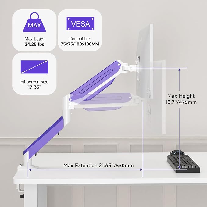 Suptek Monitor Mount Gas Spring Monitor Arm Desk Mount Fully Adjustable Fits 17 20 22 23 24 26 27 32 35 inch Monitors Weight Capacity up to 24.25 lbs (White+Purple, 17"-35") - Image 2