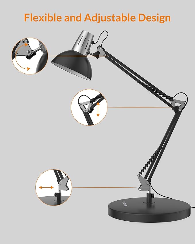 LEPOWER Metal Adjustable Desk Lamp with Clamp, Swing Arm for Home Office | Gooseneck, Architect Style, Eye-Caring Table Lamp, On/Off Switch, E26 Base, Reading for Dorm, Bedroom, Study, Back to School - Image 7