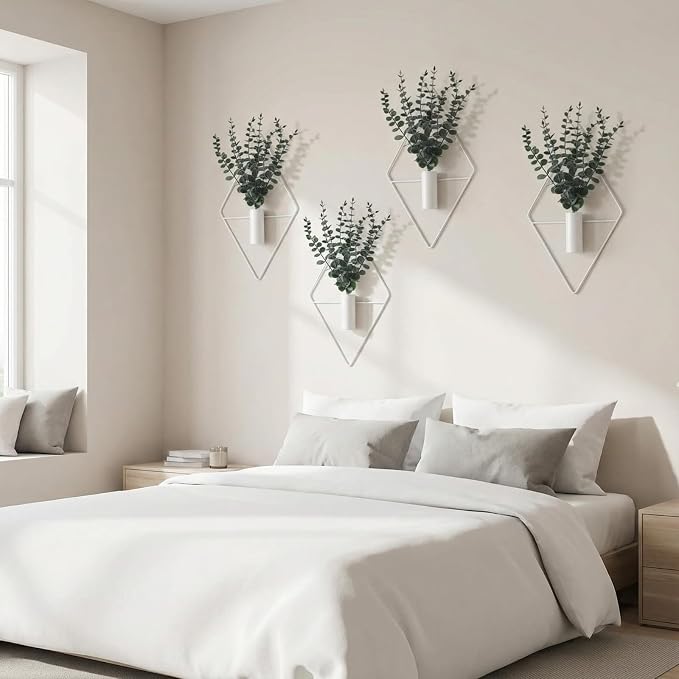 Jexine 4 Pcs Hanging Planters with Artificial Eucalyptus Metal Hanging Vase Indoor Plants Holder Modern Geometric Boho Bathroom Wall Decor for Living Room Home Office (Eucalyptus,White) - Image 5
