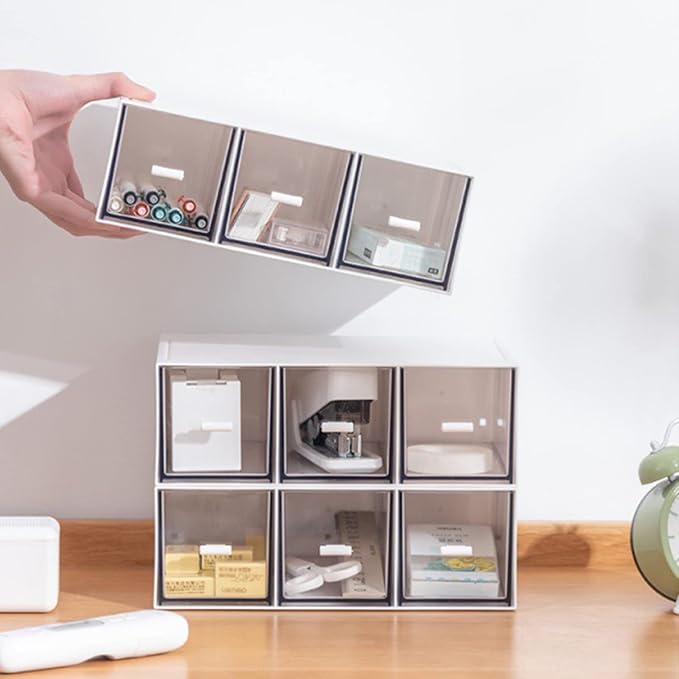 Desk Drawer Organizer, Stackable Storage Drawers, Plastic Compact Desk Storage Box Great for Office School Home Small Space - Large 3 Drawers (White) - Image 2