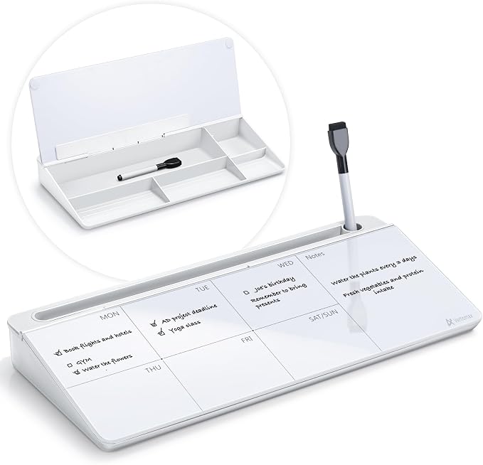 Varhomax Glass Weekly Dry Erase Desk White Board, Desktop to Do List Planner Whiteboard Calendar with Storage Caddy Memo for Home and Office, White by Varhomax