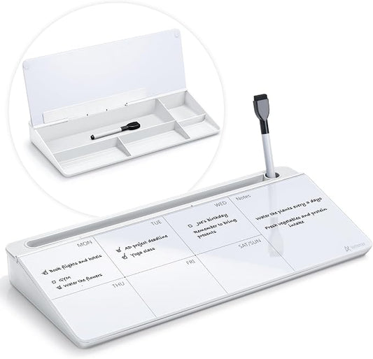 Varhomax Glass Weekly Dry Erase Desk White Board, Desktop to Do List Planner Whiteboard Calendar with Storage Caddy Memo for Home and Office, White by Varhomax