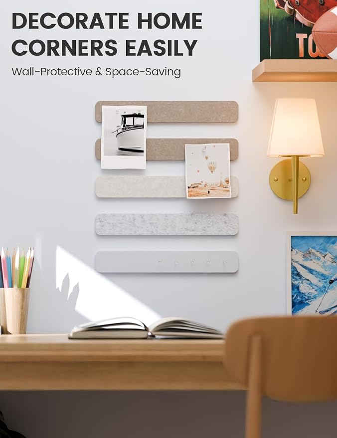Fluxynara 13" x 2" Felt Wall Panels, Stone Beige | 5-Pack Cork Board Alternative with 35 Push Pins, Adhesive Mounting for Bedroom Door or Home Office - Image 4