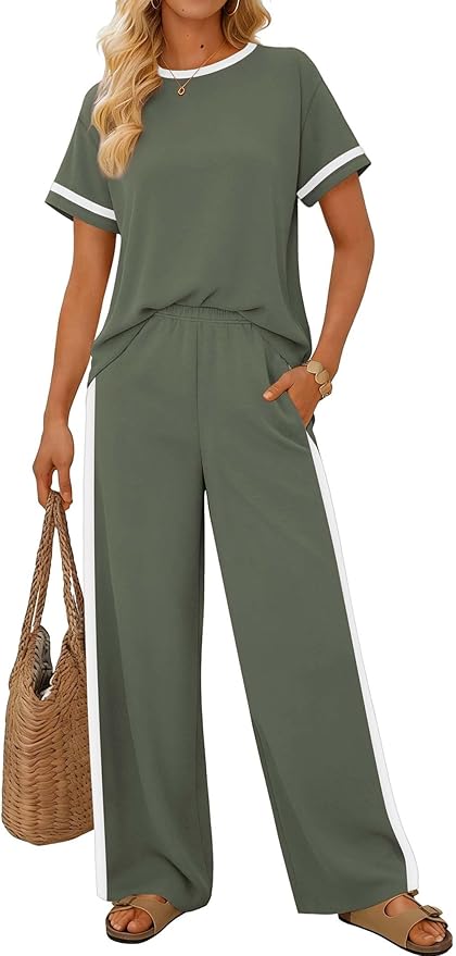 Sampeel 2 Piece Sets for Women Matching Sets Summer Outfits Resort Wear Short Sleeve Lounge Set Wide Leg Pants with Pockets - Image 2