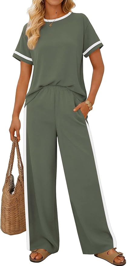 Sampeel 2 Piece Sets for Women Matching Sets Summer Outfits Resort Wear Short Sleeve Lounge Set Wide Leg Pants with Pockets - Image 2