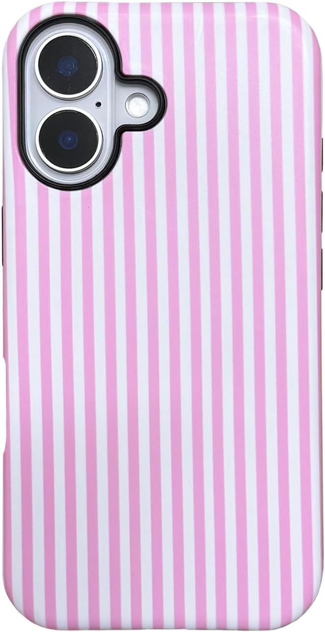 for iPhone 16 Case Striped Cute Aesthetics Phone Case Trendy Protective Shockproof Cover for iPhone 16 Pink White by Unknown
