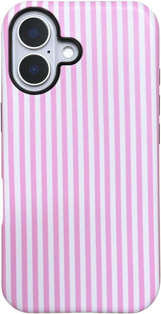 for iPhone 16 Case Striped Cute Aesthetics Phone Case Trendy Protective Shockproof Cover for iPhone 16 Pink White by Unknown