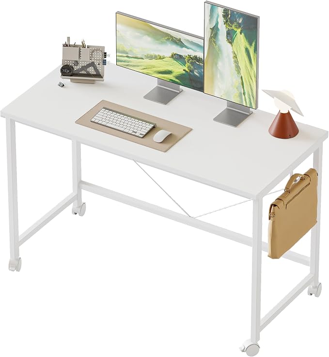 Mericonia 39x20 Inch Computer Desk with Wheels, Small Simple Rolling Desk | Writing Table for Home Office Bedroom Work Study, White by MERICONIA