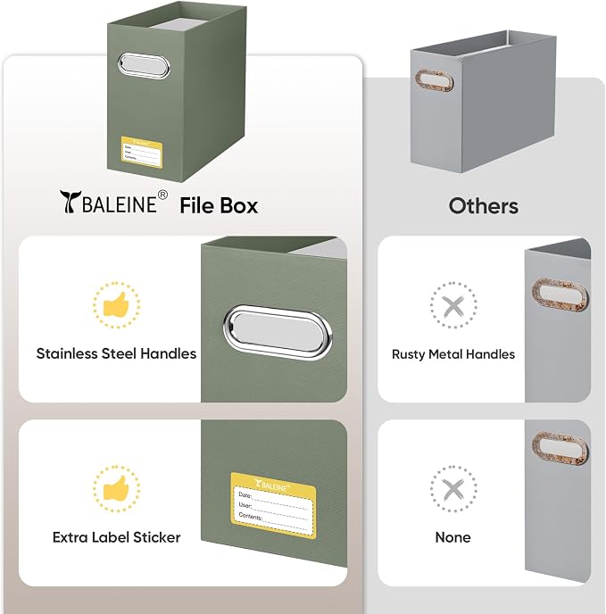 BALEINE File Organizer Box, Cardboard File Folder Organizer with Handle for Letter Size, Portable Collapsible Hanging Filing Box for Home Office Document Storage (4 Pack,Olive) - Image 5