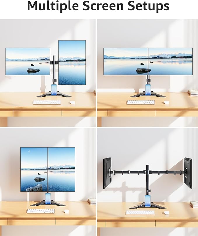 MOUNTUP Dual Monitor Stand - Freestanding & Height Adjustable Monitor Desk Mount, Steady VESA Mount Holds Max 17.6 lbs, Computer Monitor Stand for 2 Screens up to 27 inches, for Home Office - Image 6