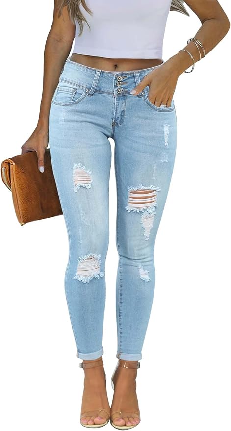 KUNMI Women's Skinny Ripped Trendy Jeans Distressed Stretchy Denim Pants by KUNMI