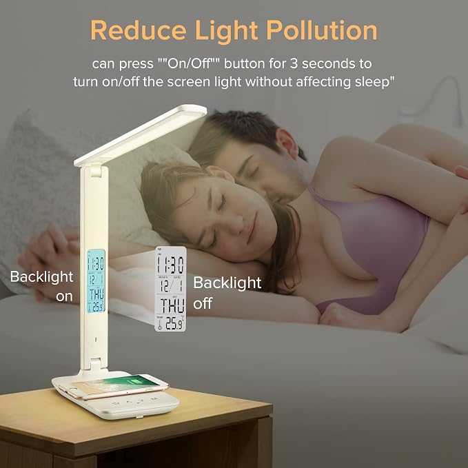 LAOPAO Desk Lamp with Wireless Charger: USB Charging Port, Table Lamp with Clock, Desk Lamps for Home Office College Dorm Room Essentials - Image 7