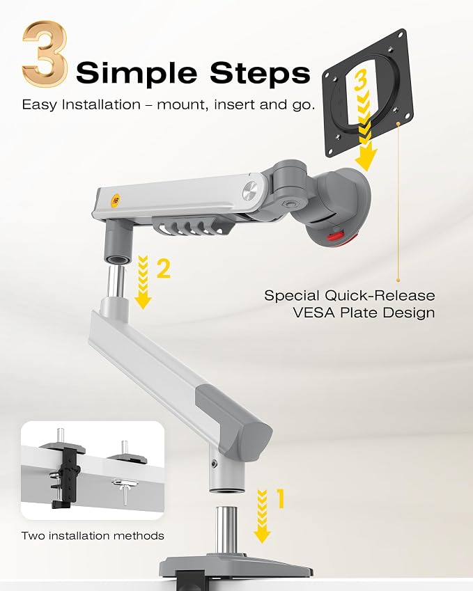 NB SmooVex™ Single Monitor Arm for Monitors 17'' to 32 inch, Mechanical Spring Mount Load up to 9 kg, VESA 75/100 mm Monitor-Mount A5 (White) - Image 5