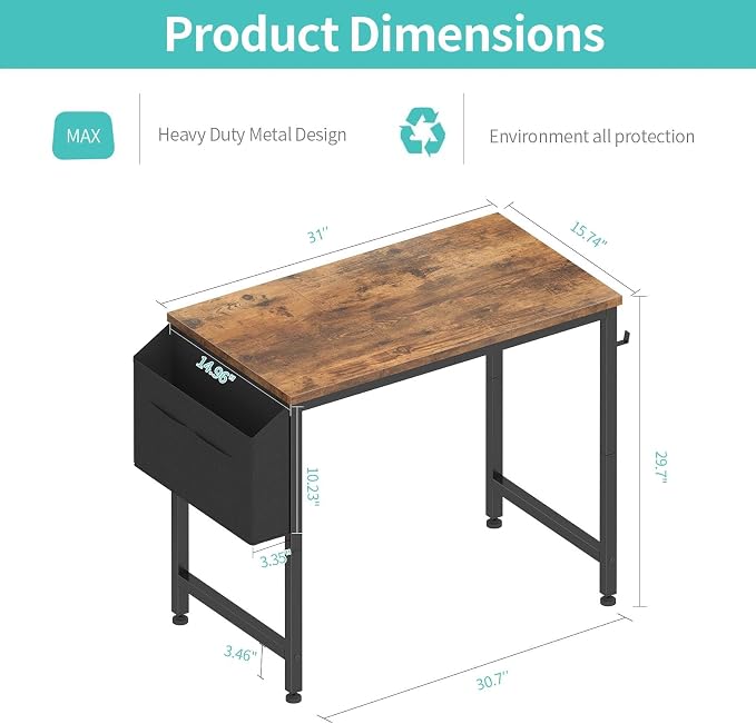 Lufeiya Small Desk for Small Spaces, 32 Inch Kids Girls Study Writing Desks for Bedroom, Simple Modern Laptop PC Little Side Table with Storage Bag Headphone Hooks, Rustic Brown - Image 3