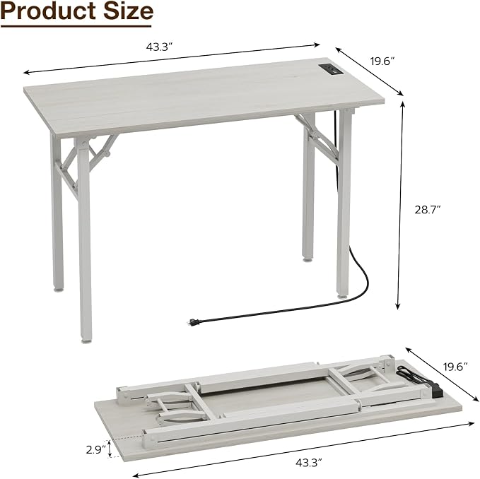 TEMI Small Computer Desk Folding Table - No Assembly, Compact 43.3" Foldable Desk with Power Outlets & USB Charging Port, Portable Small Office Desk, Ideal Mini Study Table for Narrow Spaces,White Ash - Image 3