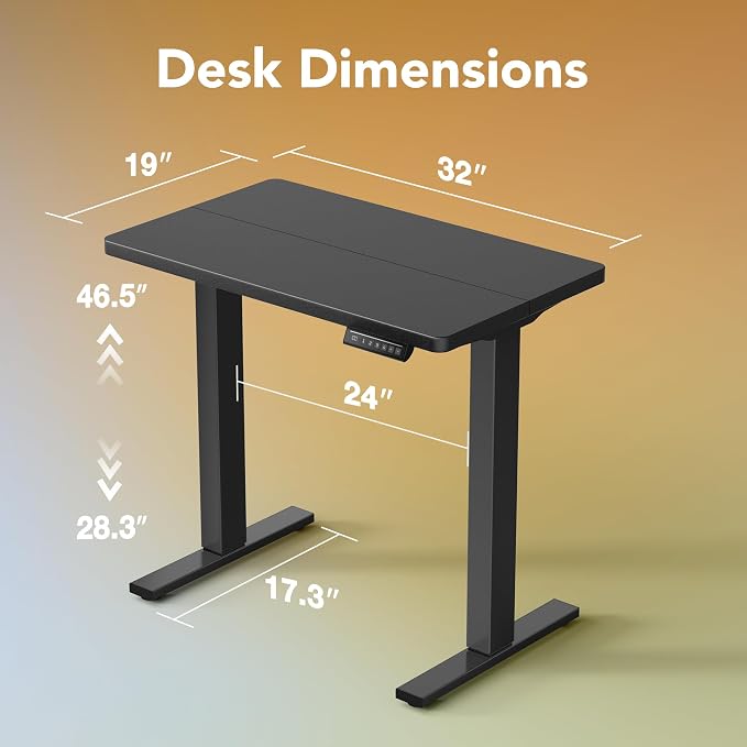 HUANUO 32x19 Inch Small Electric Standing Desk, Adjustable, Black | Compact Home Office Desk, 176lbs Heavy Duty Lifting with 4 Height Presets. M8 Screw Holes Ready for DIY Mobile Wheels - Image 2