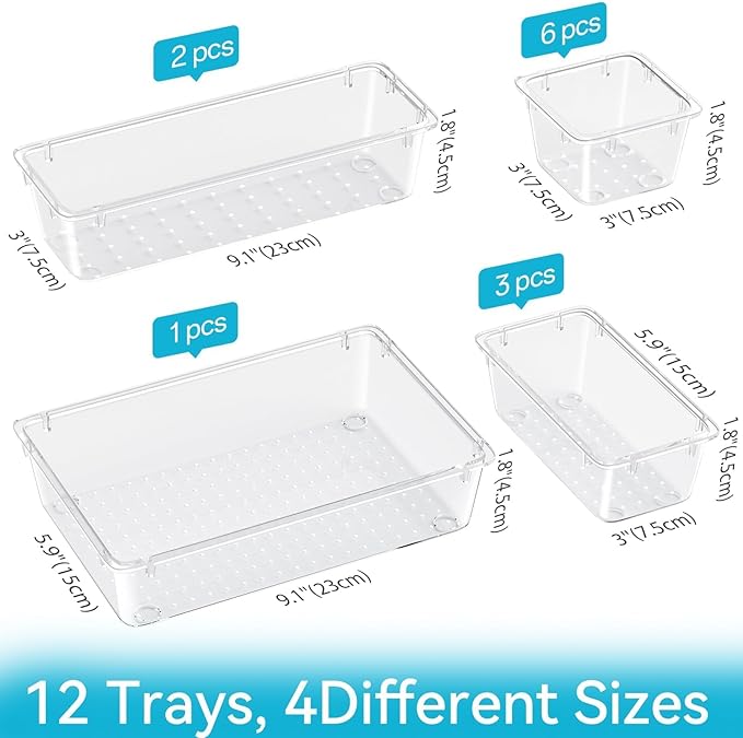 12 PCS Drawer Organizer Set, Makeup Organizers, Tool Storage Trays | 4 Sizes, Plastic, Stackable, Multiple Gadgets, Desk Drawer Divider Organizers, for Makeup, Office Supplies Storage - Image 2