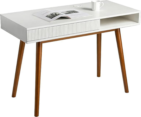 Artswish White Wood Desk with Drawer, 42" Mid Century Modern Writing Desk | Soild Wood Legs, Reinforced Structure, Drawer & Open Cubby Storage, Built-in Cable Management Hole for a Clean Workspace by Artswish