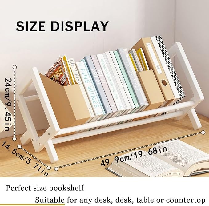 Wood Tilting Bookcase in Living Room/Home/Office, Desktop Book Shelf Organizer Bookshelves Storage Rack for CDs/Magazine/Books Display (White, 19.68"-L) - Image 2