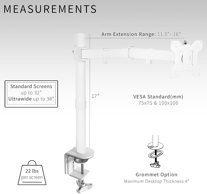 VIVO Single Monitor Arm Desk Mount, Holds Screens up to 32 inch Regular and 38 inch Ultrawide, Fully Adjustable Stand with C-Clamp and Grommet Base, VESA 75x75mm or 100x100mm, White, STAND-V001W - Image 6