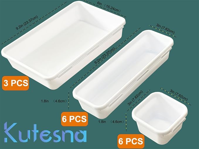 Kutesna 15PCS Interlocking Drawer Organizer, Plastic Desk Organizer Set | 3-Size Versatile Storage Bins,BPA-free, Non-slip, Fits Any Drawer for Cosmetics, Bathroom, Tools, Kitchen and Office, White - Image 2