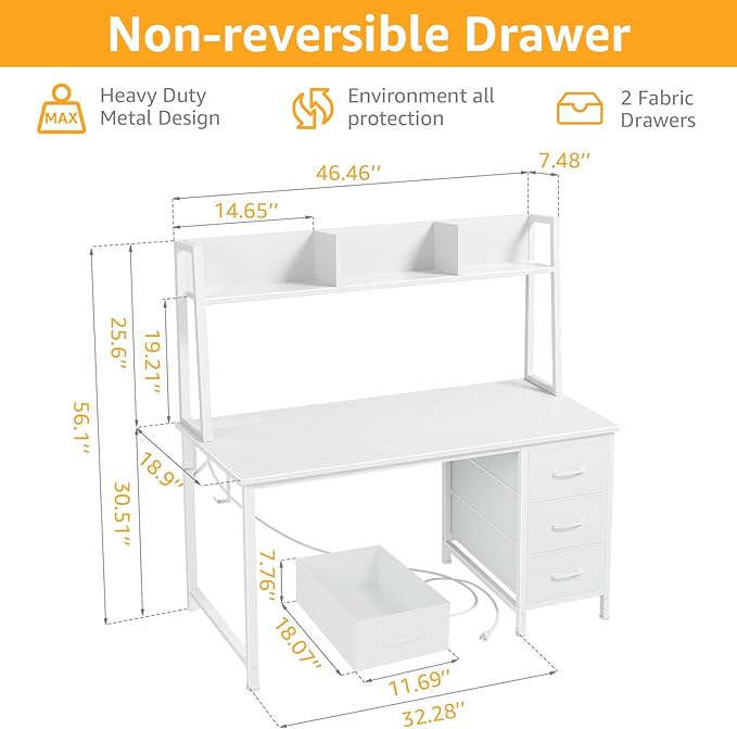 DLisiting White Computer Desk with Hutch & Drawers - 47 Inch Modern Study Writing Office Desk with 3 Storage Drawers and Power Outlets for Bedroom Home Office - Image 3