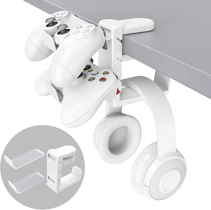 3-in-1 Headset&Controller Holder - EURPMASK Upgraded PC Gaming Headset Stand, Adjustable Clamp-on Headphone Holder,Headphone Controller Hook Under Desk w/ 360 Degree Swivel&Cable Clip Organizer-White by EURPMASKChoosethecolorofeurope